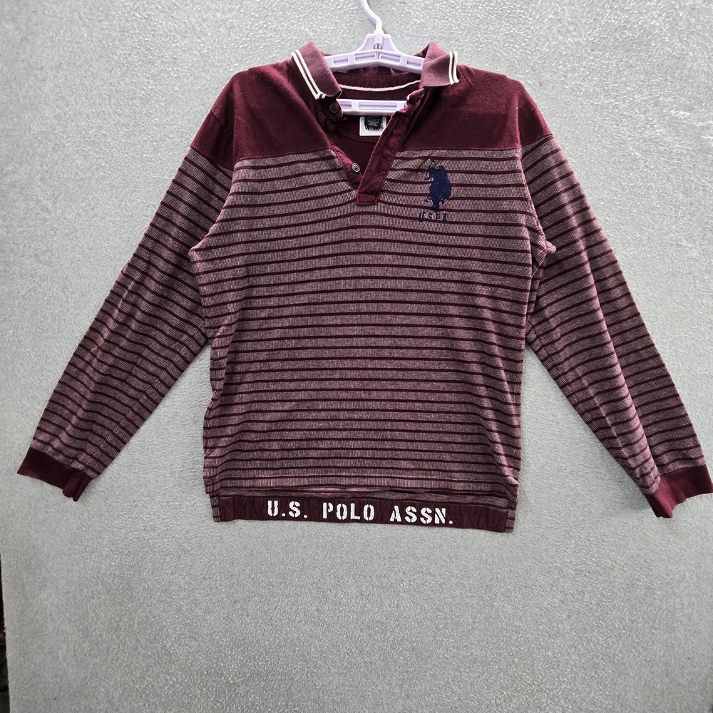 U.S. Polo Assn. Men Polo Sweater M Burgundy Embroidered Striped Rugby Golf